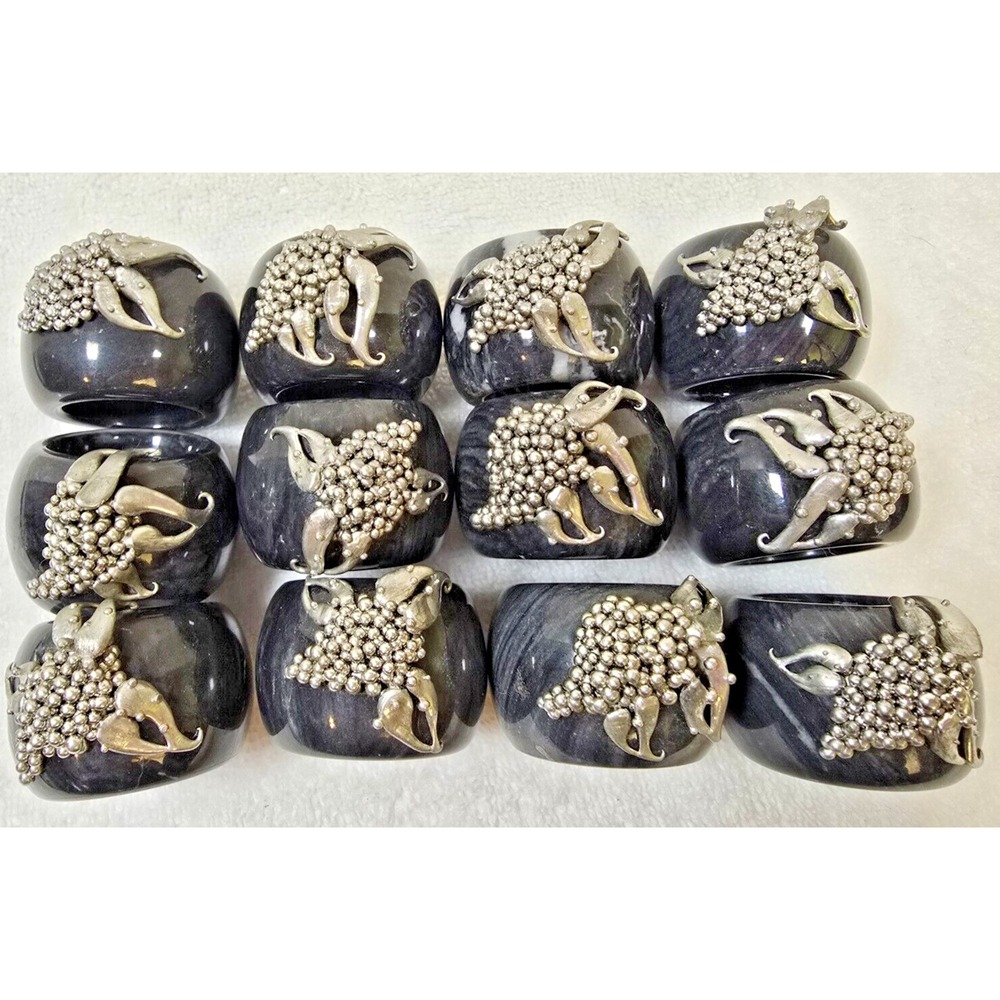 Vintage Onyx Grape Cluster Napkin Rings Set of 12 Heavy Stone Silver Tone Decor